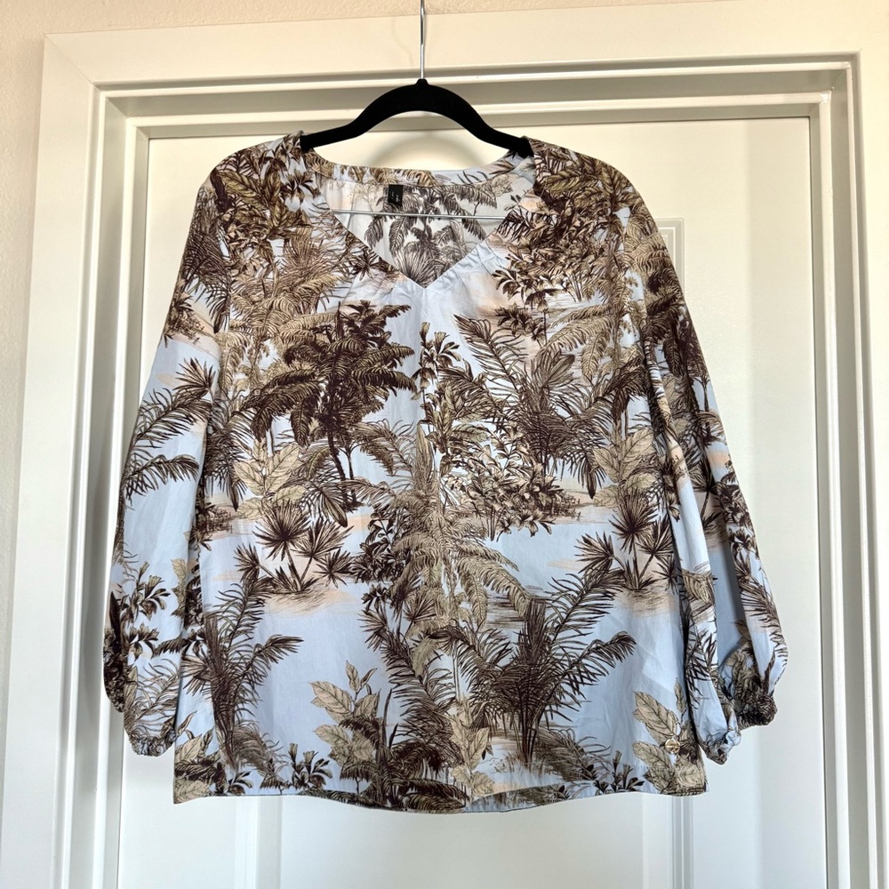 Marc Cain made in Europe tropical vacation botanical palm tree blouse cotton - Picture 2 of 15